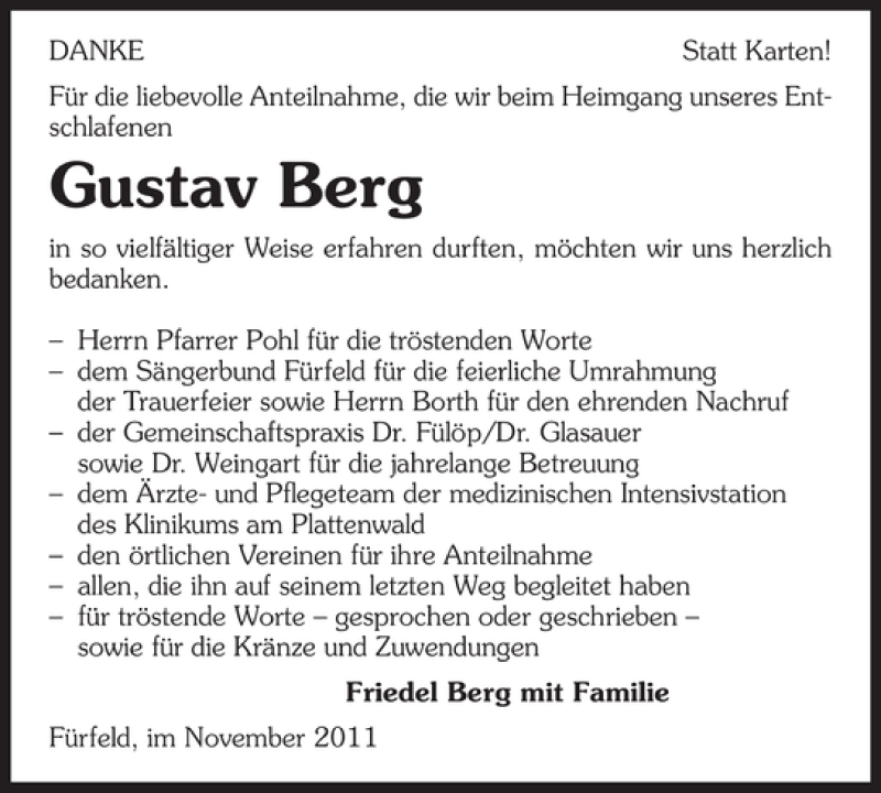  Traueranzeige für Gustav Berg vom 19.11.2011 aus 