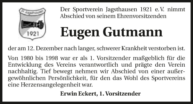  Traueranzeige für Eugen Gutmann vom 15.12.2015 aus 