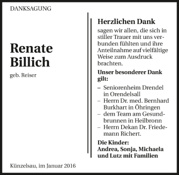 Traueranzeige von Renate Billich 