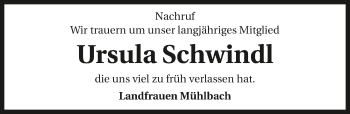 Traueranzeige von Ursula Schwindl 