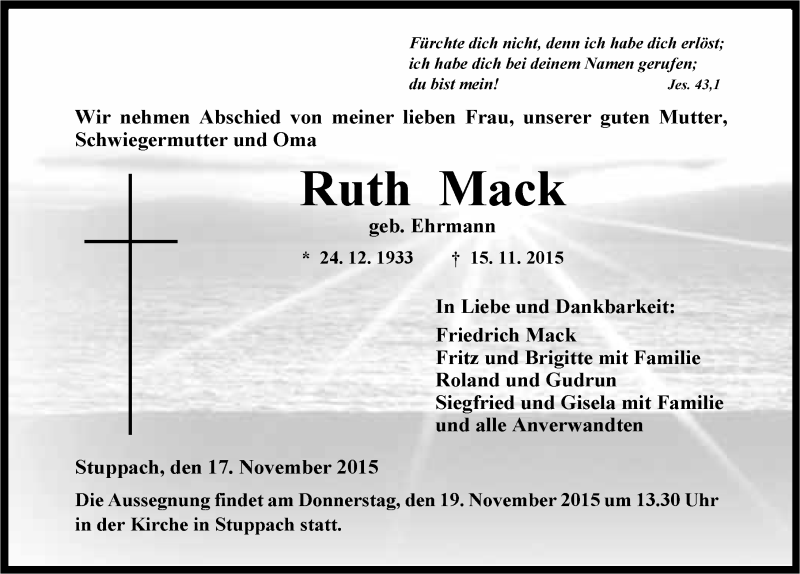  Traueranzeige für Ruth Mack vom 17.11.2015 aus 