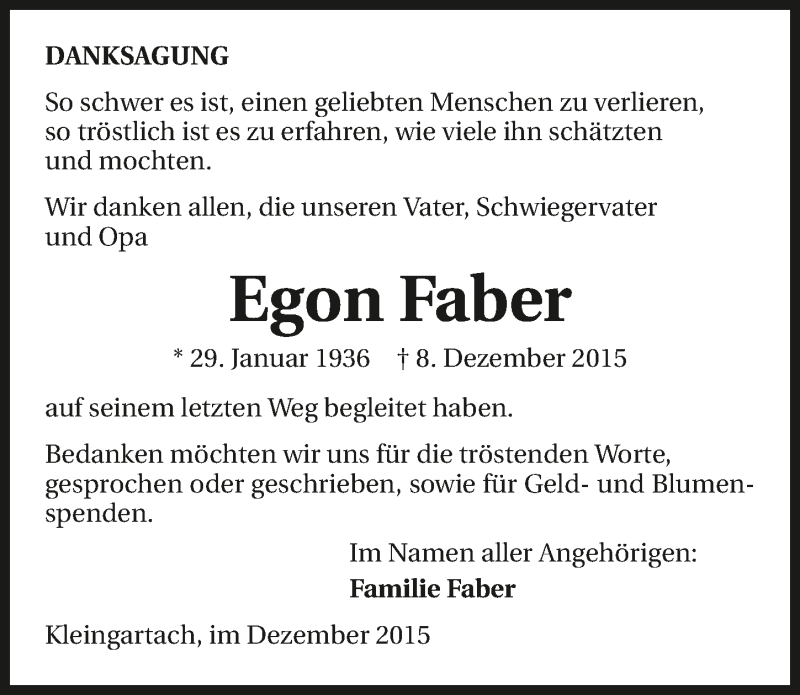  Traueranzeige für Egon Faber vom 19.12.2015 aus 