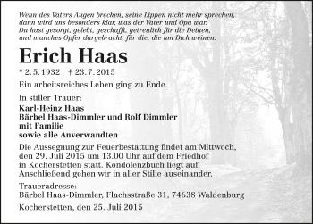 Traueranzeige von Erich Haas 