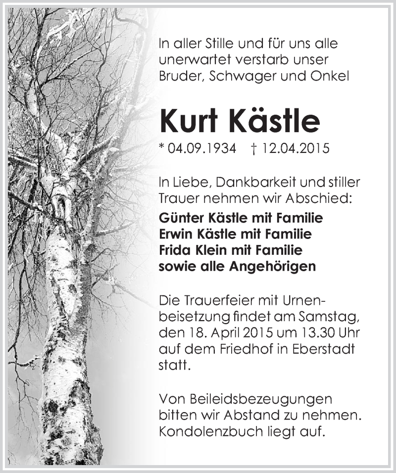  Traueranzeige für Kurt Kästle vom 15.04.2015 aus 