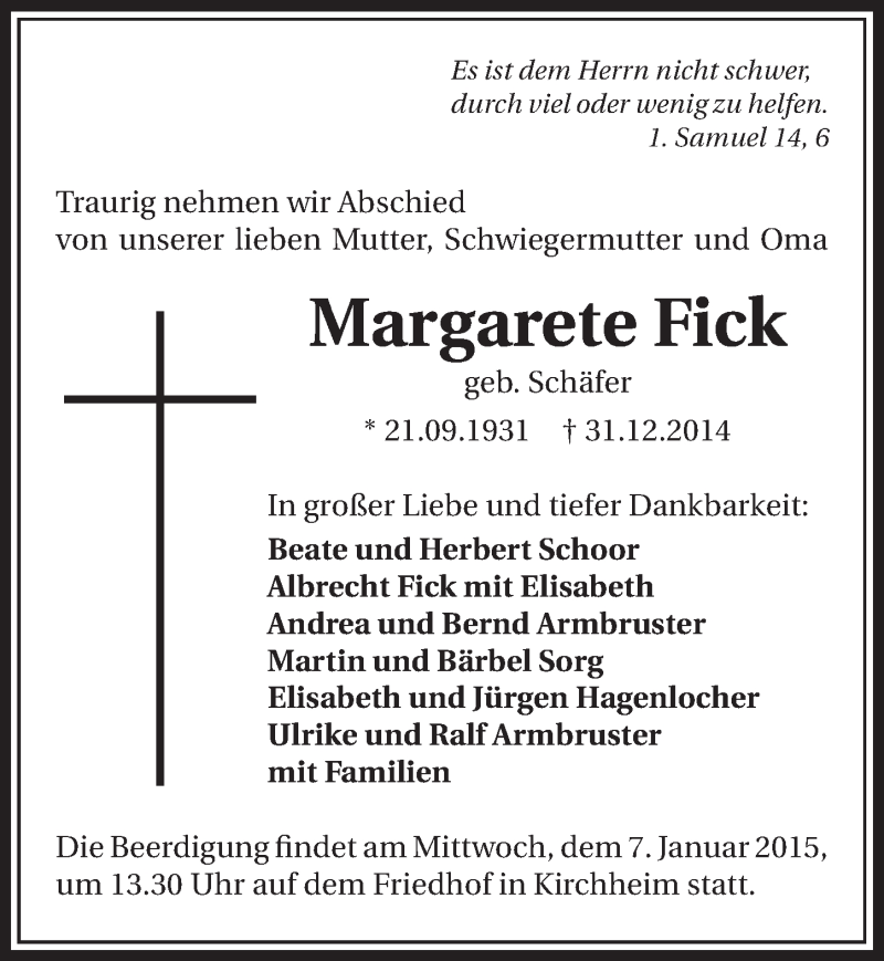  Traueranzeige für Margarete Fick vom 03.01.2015 aus 