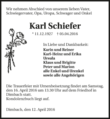 Traueranzeige von Karl Schiefer 