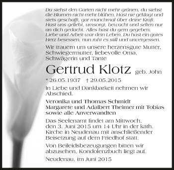 Traueranzeige von Gertrud Klotz 