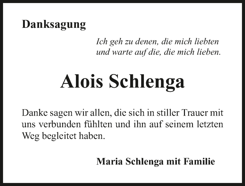  Traueranzeige für Alois Schlenga vom 11.09.2015 aus 