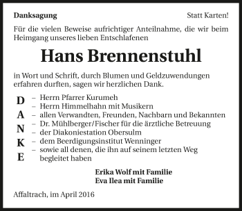 Traueranzeige von Hans Brennenstuhl 