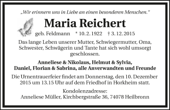 Traueranzeige von Maria Reichert 