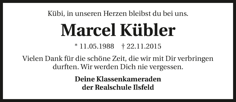  Traueranzeige für Marcel Kübler vom 26.11.2015 aus 