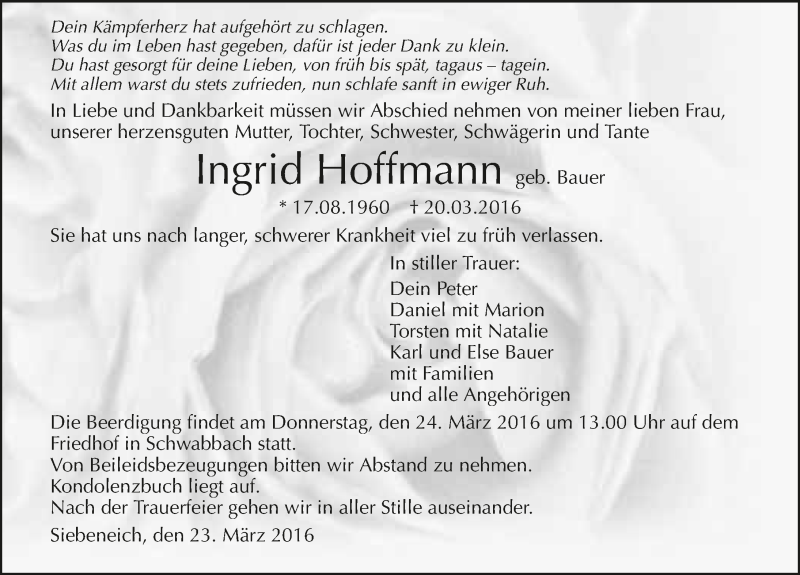  Traueranzeige für Ingrid Hoffmann vom 23.03.2016 aus 