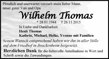 Traueranzeige von Wilhelm Thomas 