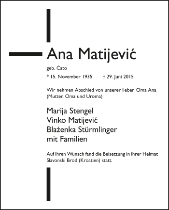 Traueranzeige von Ana Matijevic 
