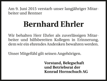 Traueranzeige von Bernhard Ehrler 