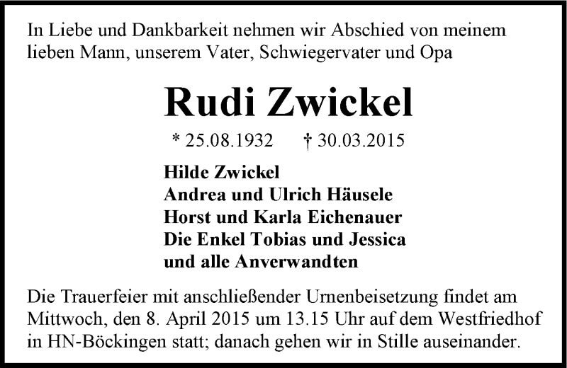  Traueranzeige für Rudi Zwickel vom 04.04.2015 aus 