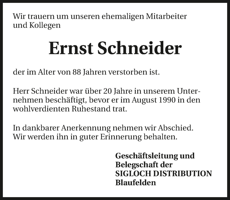  Traueranzeige für Ernst Schneider vom 07.08.2015 aus 