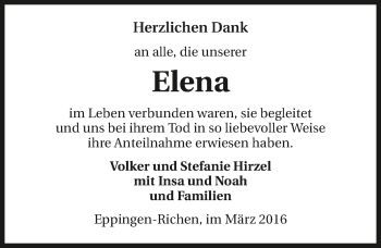 Traueranzeige von Elena Hirzel 
