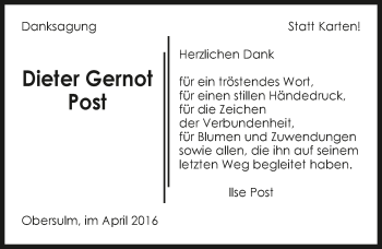 Traueranzeige von Dieter Gernot Post 