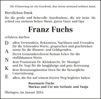 Traueranzeige von Franz Fuchs 