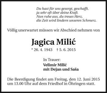 Traueranzeige von Jagica Milic 