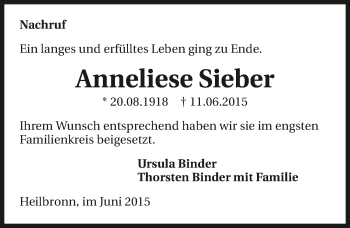 Traueranzeige von Anneliese Sieber 