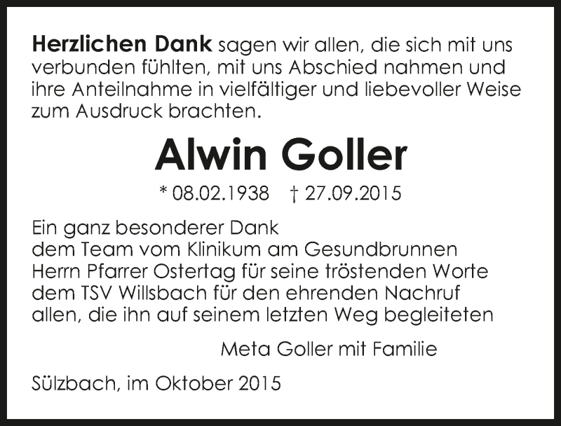  Traueranzeige für Alwin Goller vom 17.10.2015 aus 