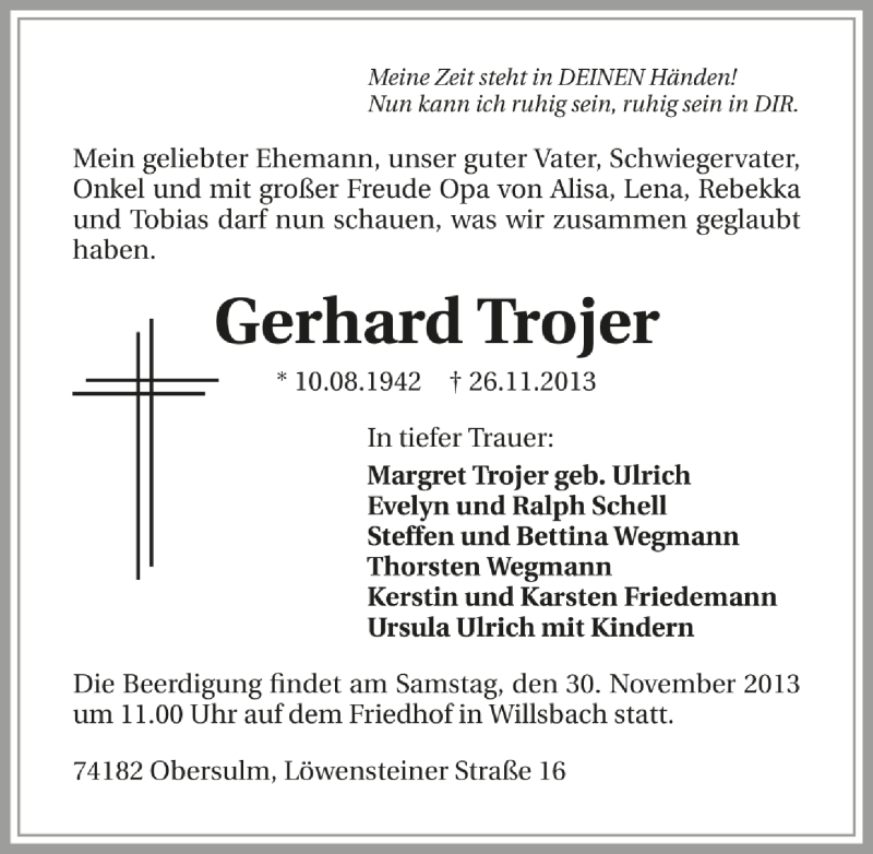  Traueranzeige für Gerhard Trojer vom 28.11.2013 aus 