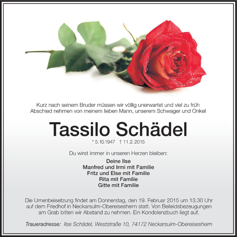  Traueranzeige für Tassilo Schädel vom 14.02.2015 aus 