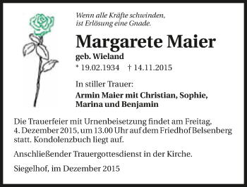 Traueranzeige von Margarete Maier 