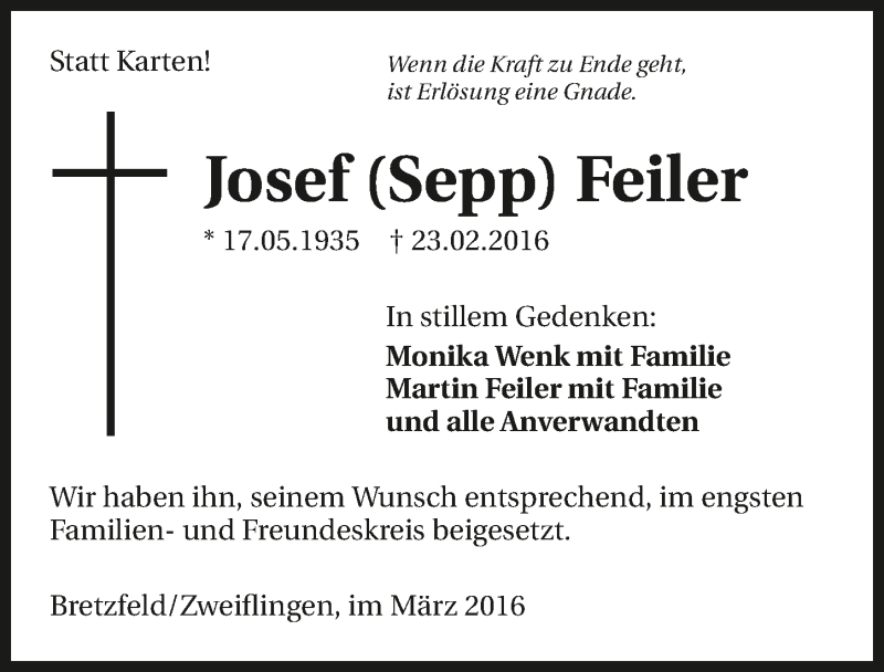  Traueranzeige für Josef Feiler vom 05.03.2016 aus 