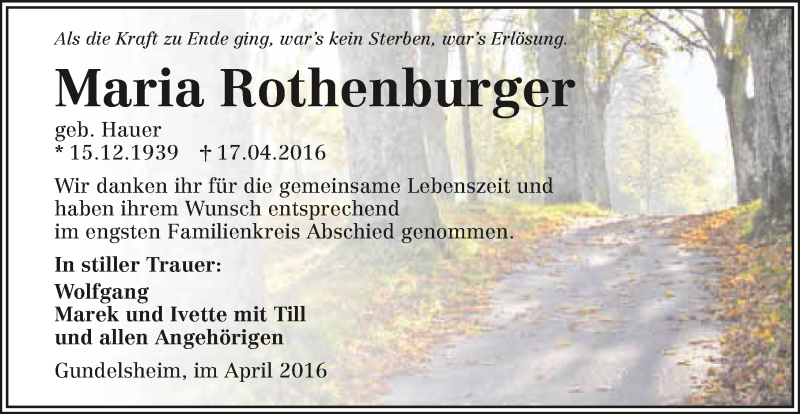  Traueranzeige für Maria Rothenburger vom 26.04.2016 aus 