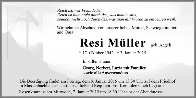  Traueranzeige für Resi Müller vom 05.01.2015 aus 