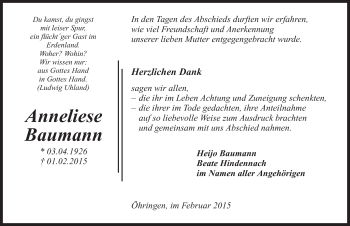 Traueranzeige von Anneliese Baumann 
