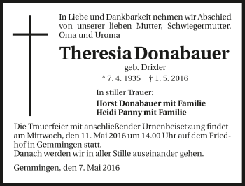 Traueranzeige von Theresia Donabauer 