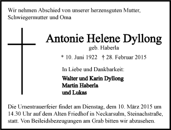 Traueranzeige von Antonie Helene Dyllong 