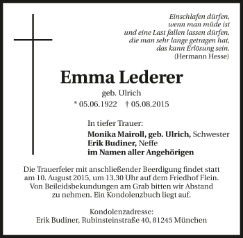 Traueranzeige von Emma Lederer 