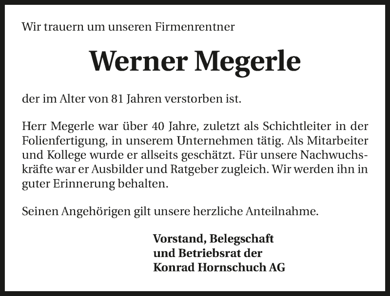  Traueranzeige für Werner Megerle vom 12.02.2016 aus 