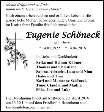 Traueranzeige von Eugenie Schöneck 