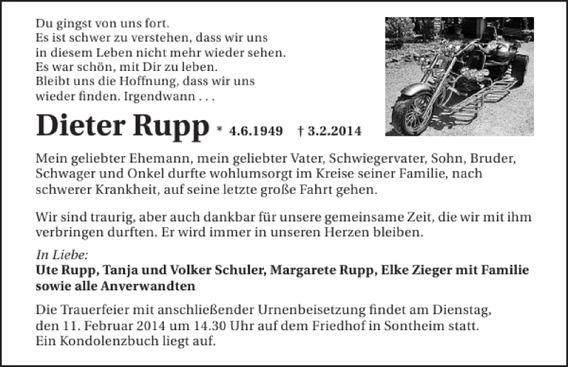  Traueranzeige für Dieter Rupp vom 05.02.2014 aus 