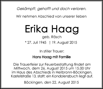 Traueranzeige von Erika Haag 