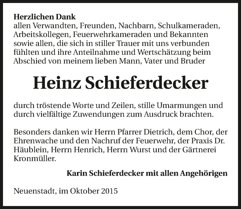  Traueranzeige für Heinz Schieferdecker vom 24.10.2015 aus 