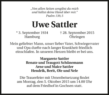 Traueranzeige von Uwe Sattler 