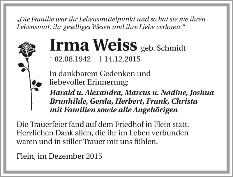  Traueranzeige für Irma Weiss vom 22.12.2015 aus 