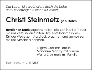 Traueranzeige von Christl Steinmetz 