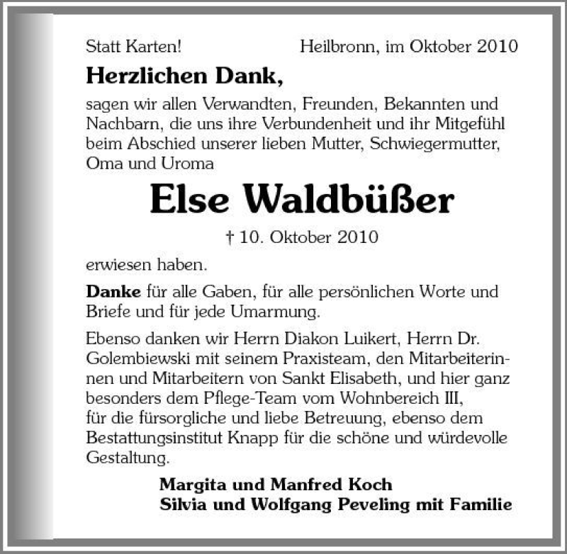  Traueranzeige für Else Waldbüßer vom 27.10.2010 aus 