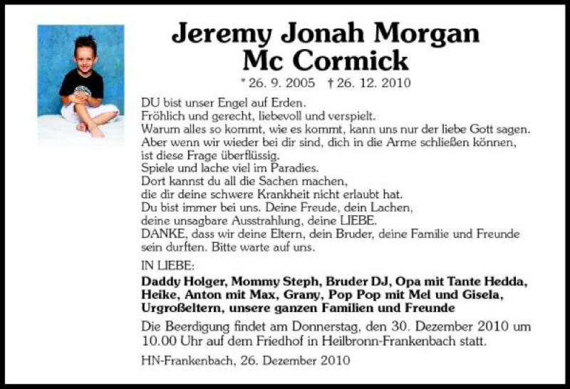  Traueranzeige für Jeremy Jonah Morgan Mc Cormick vom 28.12.2010 aus 