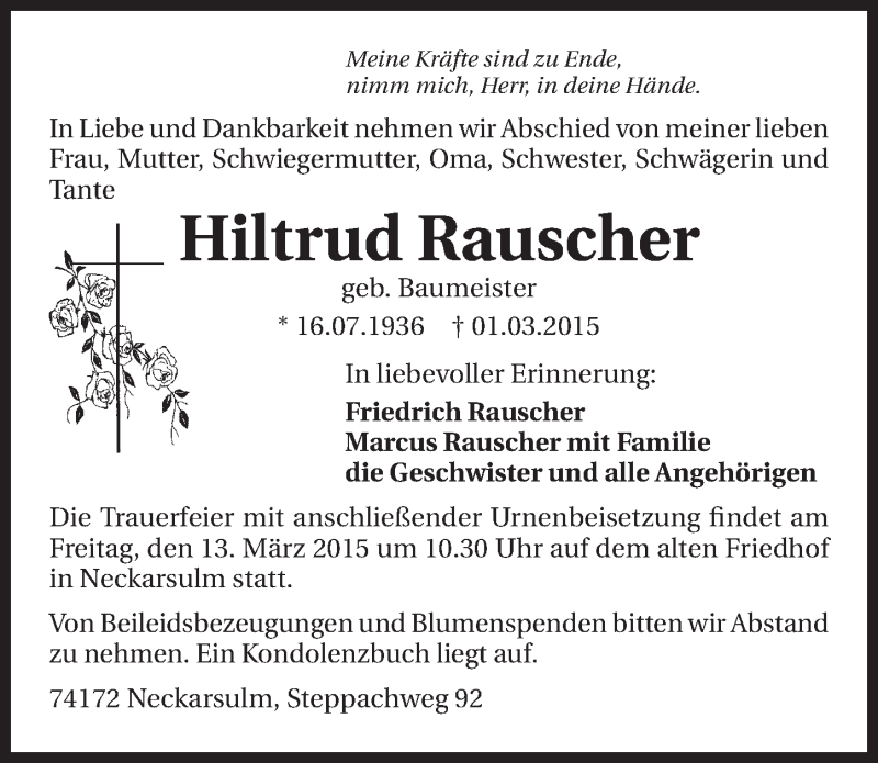  Traueranzeige für Hiltrud Rauscher vom 07.03.2015 aus 