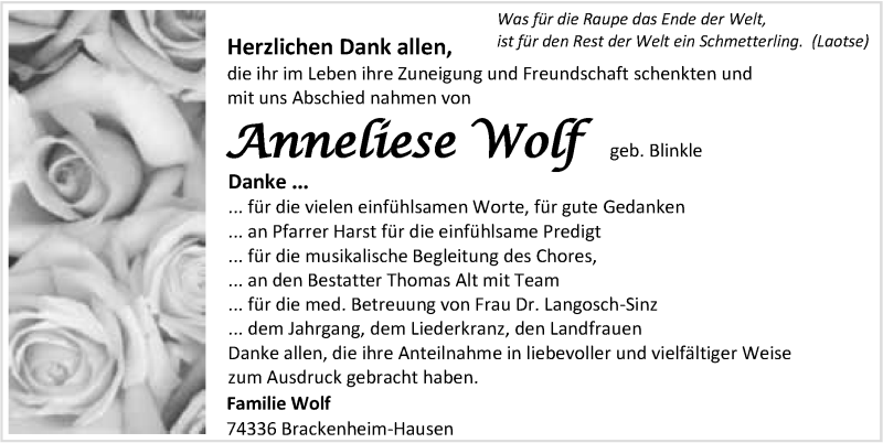  Traueranzeige für Anneliese Wolf vom 31.03.2016 aus 