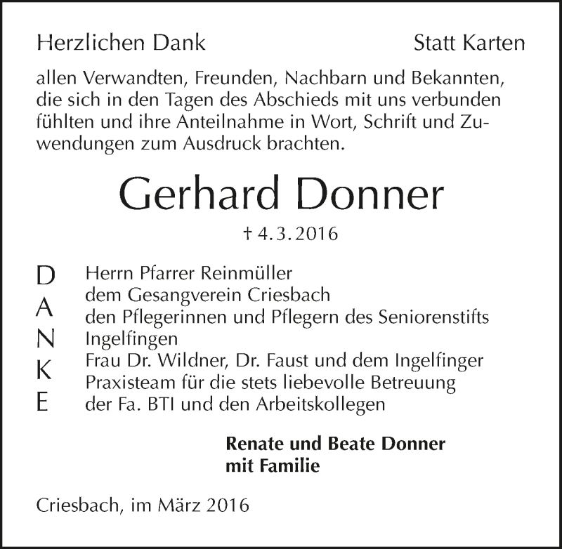  Traueranzeige für Gerhard Donner vom 26.03.2016 aus 